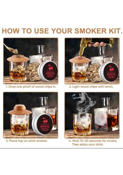 Viski Bourbon Kokteyl Tütsüleme Yuvarlak Tasarım 6 Aromali Set Ev ve Bar Dekarasyonu