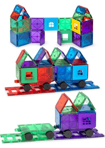 Playmags 153 Şeffaf Renkli Manyetik Bloklar – 50 Parça Yapı Seti, Manyetik Arabalar Dahil