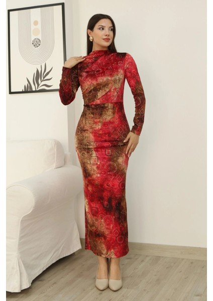 Desenli Büzgü Detaylı Premium Kadife Elbise 6063-KIRMIZI