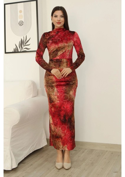 Desenli Büzgü Detaylı Premium Kadife Elbise 6063-KIRMIZI fiyatları