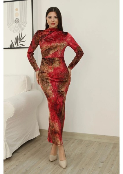 Desenli Büzgü Detaylı Premium Kadife Elbise 6063-KIRMIZI modelleri