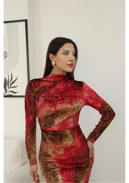 Desenli Büzgü Detaylı Premium Kadife Elbise 6063-KIRMIZI fırsatları