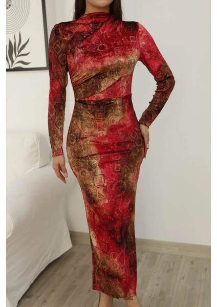 Desenli Büzgü Detaylı Premium Kadife Elbise 6063-KIRMIZI indirimleri
