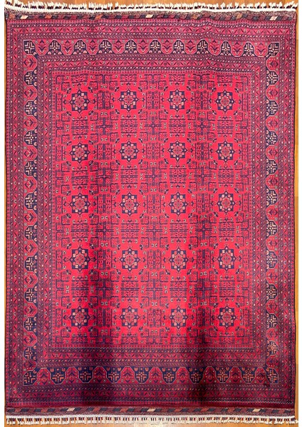 El Dokuma Afgan Halı Yıldız Desenli Ince Dokuma Bordo Renk 4 Metre Kare