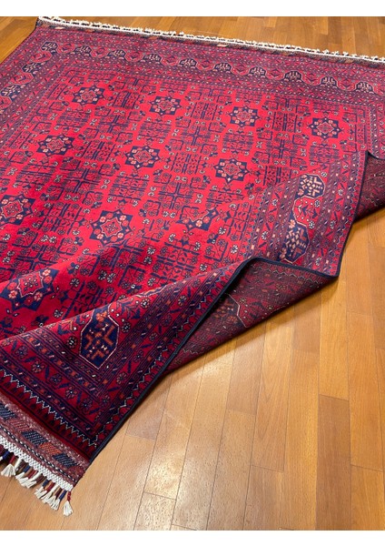 El Dokuma Afgan Halı Yıldız Desenli Ince Dokuma Bordo Renk 4 Metre Kare