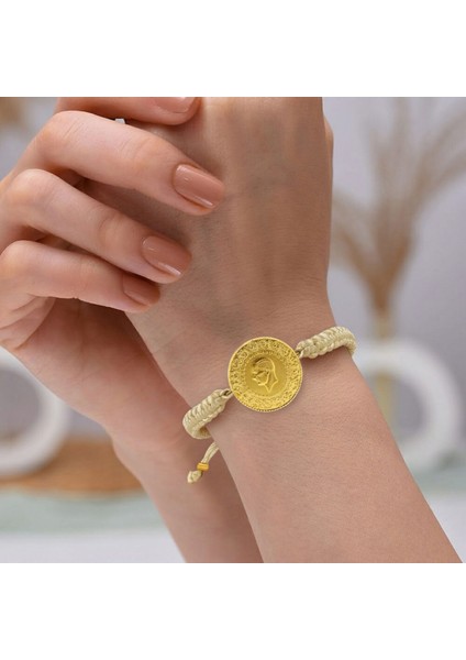 22 Ayar Yeni Tam Altın Krem Renkli Ipli Bileklik