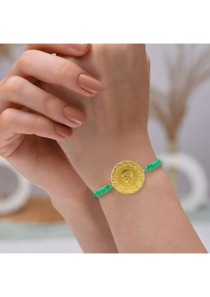 22 Ayar Yeni Tam Altın Yeşil Renkli Ipli Bileklik