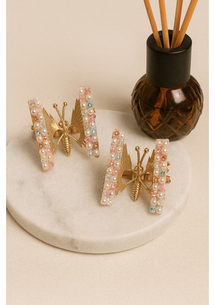 Renkli Inci ve Taş Işlemeli Oynar Kanatlı Kadın Pens Toka