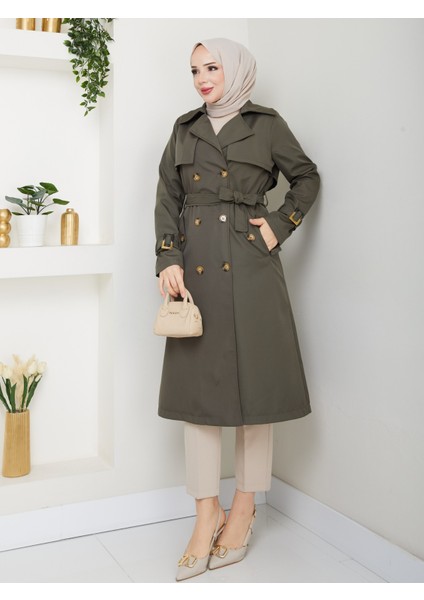 Kadın Haki Arkası Düğmeli Trençkot