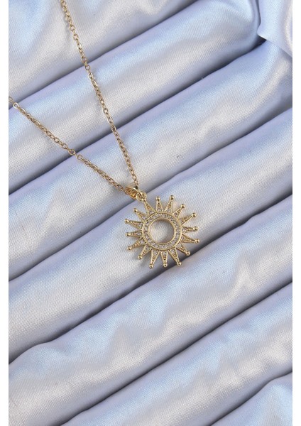 316L Çelik Zincir Altın Renk Zirkon Taşlı Parlayan Güneş Kolye