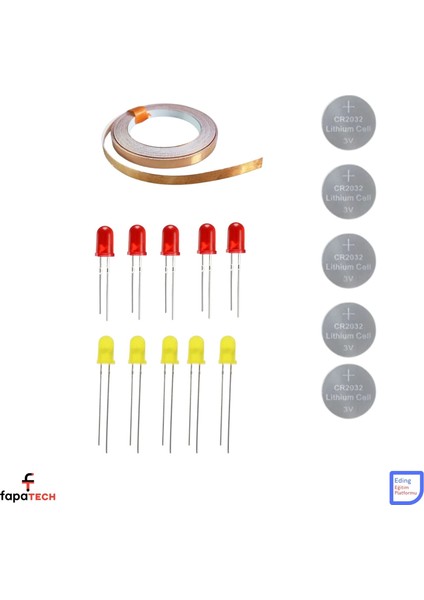 Bakır Folyo Iletken Bant 3mm 5 Metre ,CR2032 Lityum Pil ,5mm LED Seti – Kağıttan Devre Kit