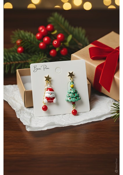 Yılbaşı Konseptli Asimetrik Küpe Serisi Yılbaşı Ağacı ve Noel Baba Küpesi