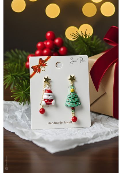 Yılbaşı Konseptli Asimetrik Küpe Serisi Yılbaşı Ağacı ve Noel Baba Küpesi modelleri
