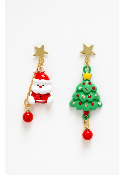 Yılbaşı Konseptli Asimetrik Küpe Serisi Yılbaşı Ağacı ve Noel Baba Küpesi fırsatları