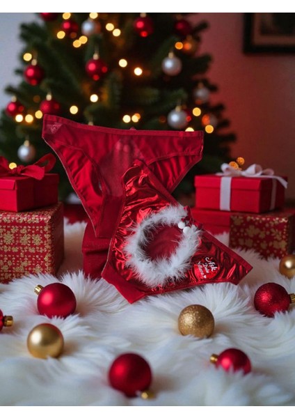 - Yılbaşı Temalı Tüylü Detaylı Parlak Kumaş Kadın Külot – Özel Tasarım - Hediyepaketli