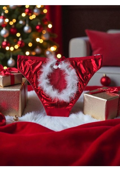 - Yılbaşı Temalı Tüylü Detaylı Parlak Kumaş Kadın Külot – Özel Tasarım - Hediyepaketli fiyatları