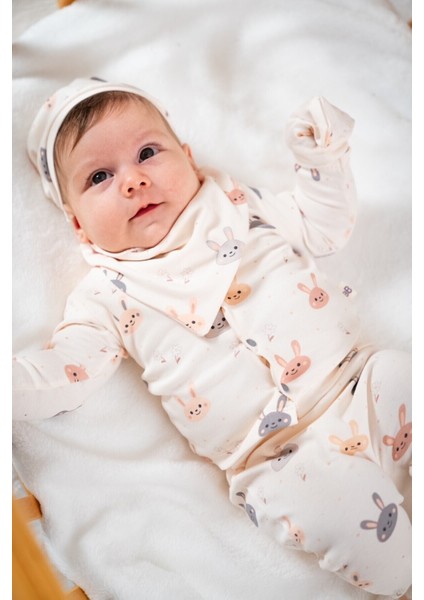 Unisex Sevimli Tavşan Desenli Natural 5li Hastane Çıkışı Zıbın Seti