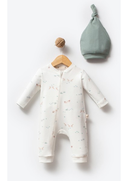 %100 Organik Pamuk Jungle Desen Bebek Fermuarlı Patikli Tulum