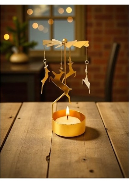 Dekoratif Metal Isı ile Dönen Geyik ve Yavrusu Tasarımlı Mumluk