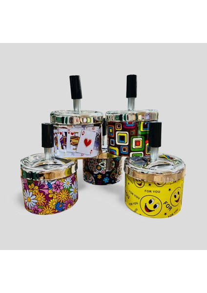 Baskılı Metal Döner Kapaklı Kül Tablası – Çap 7,5cm / Kokusuz