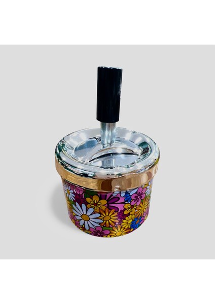 Baskılı Metal Döner Kapaklı Kül Tablası – Çap 7,5cm / Kokusuz