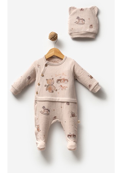 %100 Organik Pamuk Sürücü Ayı Erkek Bebek Şapkalı Patikli Tulum