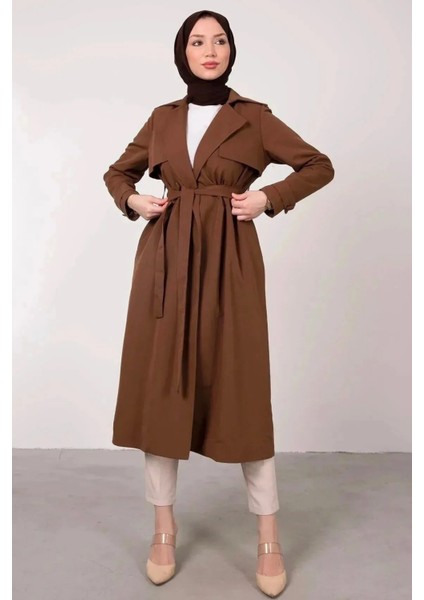 Ön Parçalı Kruvaze Yaka Kuşaklı Trençkot- Kahverengi