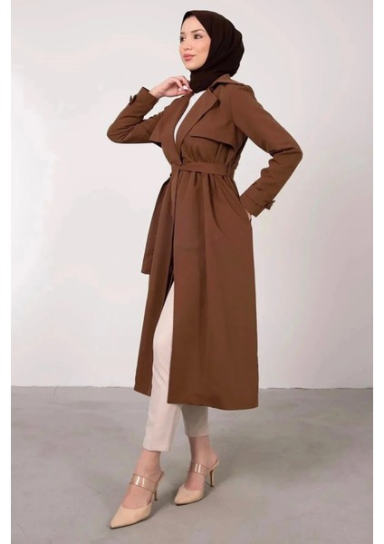 Ön Parçalı Kruvaze Yaka Kuşaklı Trençkot- Kahverengi fiyatları