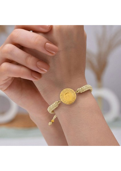 22 Ayar Yeni Yarım Altın Krem Renkli Ipli Bileklik