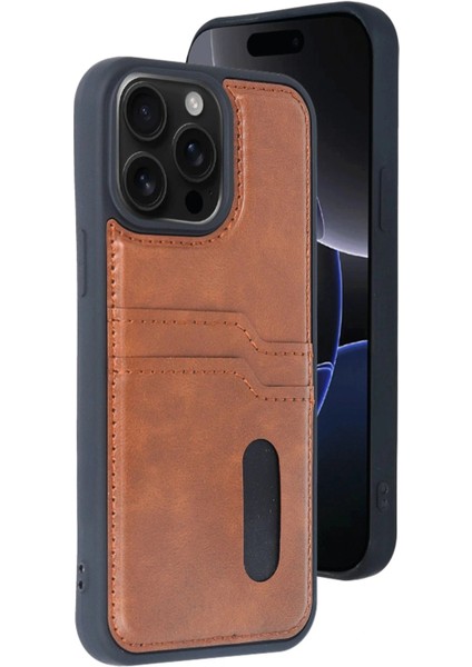 iPhone 15 Pro Max Kılıf Sara Kartvizitli Deri Kılıf - Taba
