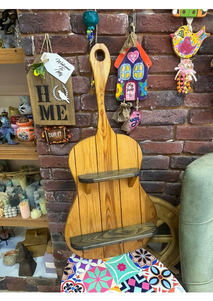 Dekoratif Gitar Şeklinde Duvar Rafı, Çam Ağacı