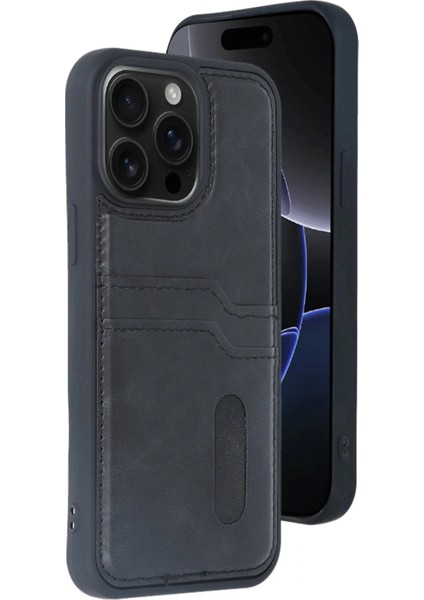 iPhone 14 Pro Max Kılıf Sara Kartvizitli Deri Kılıf - Siyah