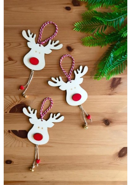 3'lü Ahşap Geyik Kafası Yılbaşı Süsü, Renkli ve Şık Dekorasyon Parçası