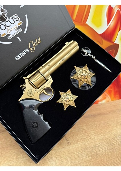 Gold Metal Kovboy Şerif 25CM Mantar Kapsül Atan Tabanca Kemer+Anahtarlık+Şerif Rozeti+Full Set