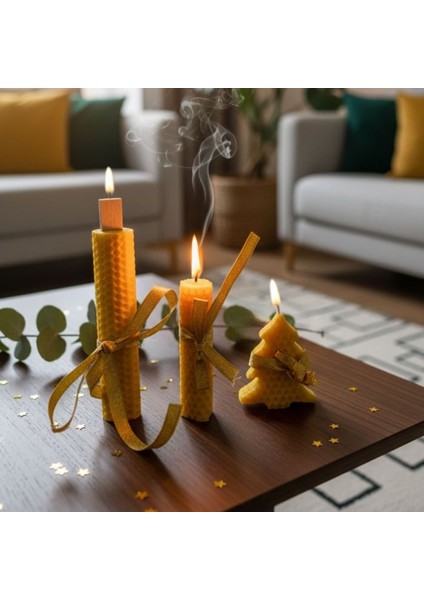 0980 El Yapımı 3'lü Set Doğal Balmumu - 13 cm / 9 cm / 7 cm