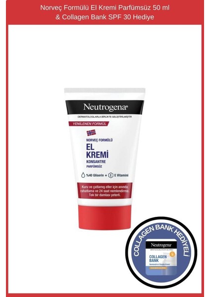 Norveç Formülü El Kremi Parfümsüz 50 ml & Collagen Bank Şase Hediye