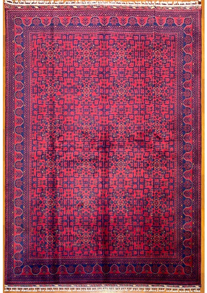 El Dokuma Afgan Halı Yıldız Desenli Bordo Mavi Renk 6 Metre Kare