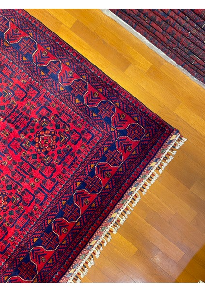 El Dokuma Afgan Halı Yıldız Desenli Bordo Mavi Renk 6 Metre Kare