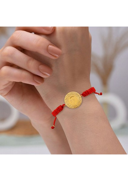 22 Ayar Yeni Yarım Altın Kırmızı Renkli Ipli Bileklik