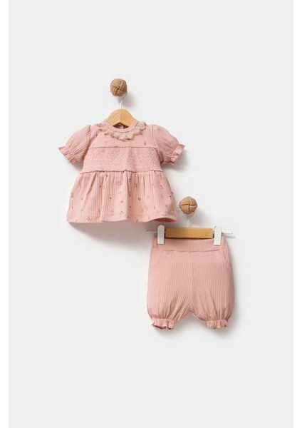 %100 Organik Pamuk Kumaş Dantel Yaka Kız Bebek Şortlu 2'li Takım