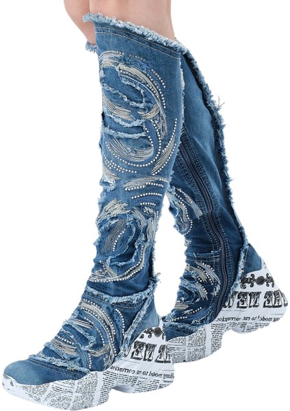 /diz Üstü Kot Çizmeleri, Kadın Kot Ayakkabılar, Modern Botlar, Platform Kot Botlar / Mavi Renk Kot Çizme /doğum Günü Hediyesi