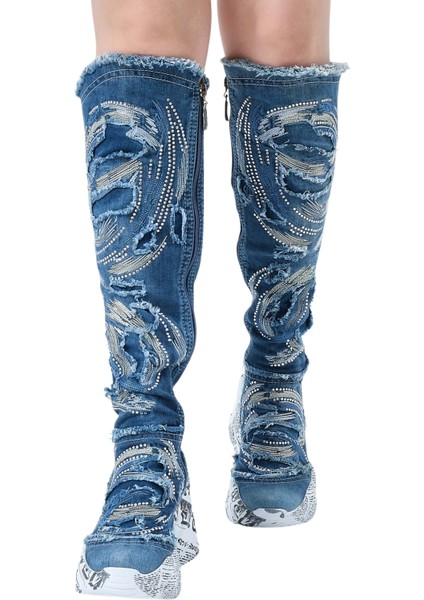 /diz Üstü Kot Çizmeleri, Kadın Kot Ayakkabılar, Modern Botlar, Platform Kot Botlar / Mavi Renk Kot Çizme /doğum Günü Hediyesi fiyatları