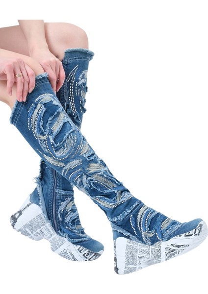 /diz Üstü Kot Çizmeleri, Kadın Kot Ayakkabılar, Modern Botlar, Platform Kot Botlar / Mavi Renk Kot Çizme /doğum Günü Hediyesi fırsatları