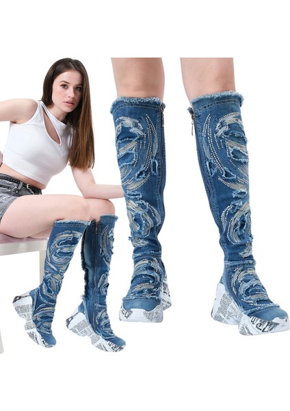 /diz Üstü Kot Çizmeleri, Kadın Kot Ayakkabılar, Modern Botlar, Platform Kot Botlar / Mavi Renk Kot Çizme /doğum Günü Hediyesi indirimleri