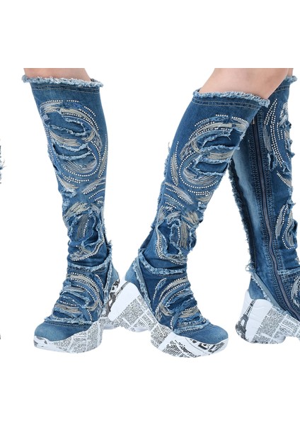 /diz Üstü Kot Çizmeleri, Kadın Kot Ayakkabılar, Modern Botlar, Platform Kot Botlar / Mavi Renk Kot Çizme /doğum Günü Hediyesi