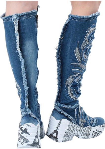 /diz Üstü Kot Çizmeleri, Kadın Kot Ayakkabılar, Modern Botlar, Platform Kot Botlar / Mavi Renk Kot Çizme /doğum Günü Hediyesi