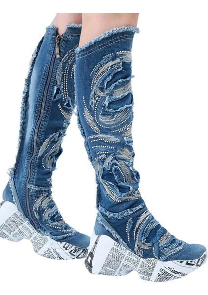 /diz Üstü Kot Çizmeleri, Kadın Kot Ayakkabılar, Modern Botlar, Platform Kot Botlar / Mavi Renk Kot Çizme /doğum Günü Hediyesi