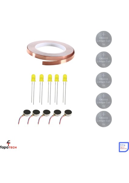 Bakır Folyo Iletken Bant 5 mm 5 Metre ,CR2032 Pil ,5mm LED , Titreşim Motoru– Kağıttan Devre Kit