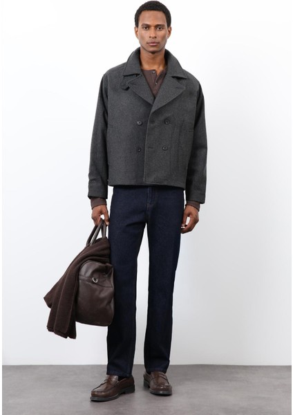 Antrasit Kruvaze Kapama Kısa Erkek Kaban