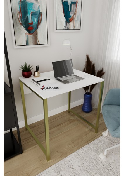 Selin Metal Ayaklı Çalışma Masası – Beyaz Suntalam, Altın Metal Ayak, Modern Ofis & Ev Masası